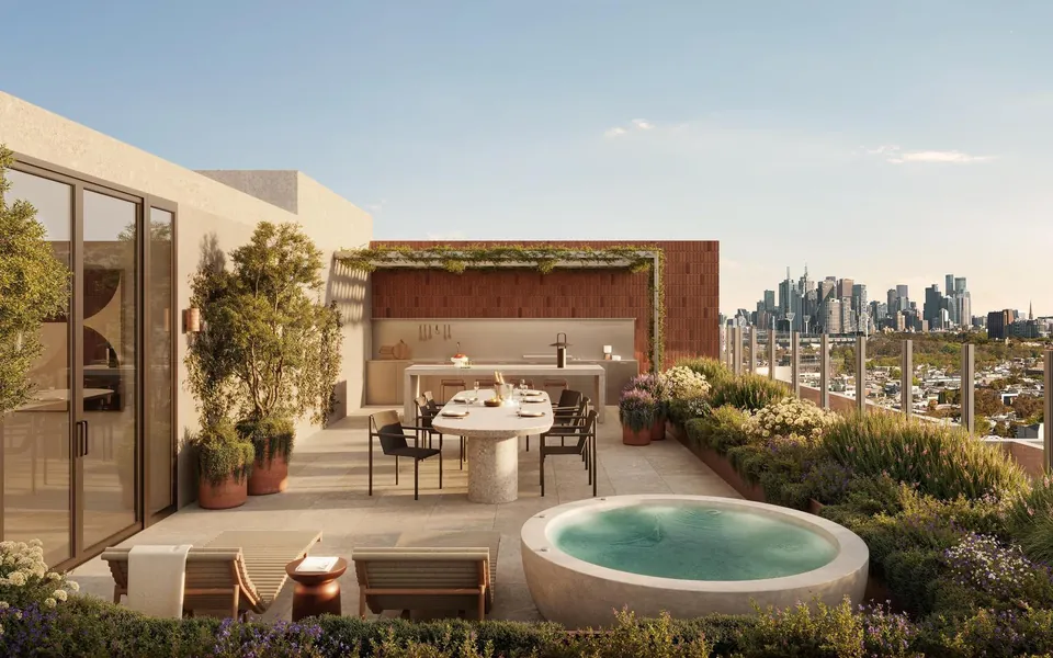Rooftop terrace with Melbourne skyline views
