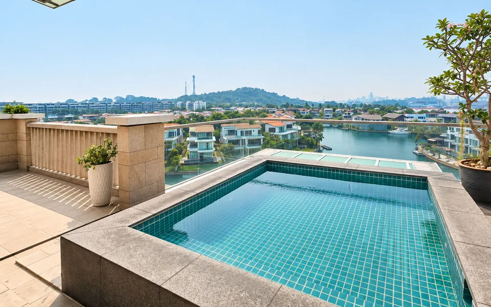 Rooftop pool above the Sentosa Cove waterway